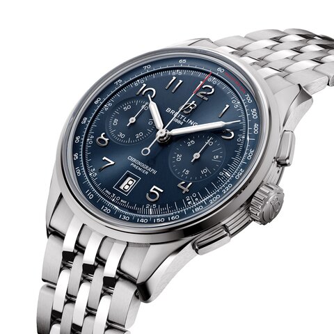 Breitling horloge met een kast in staal, met een wijzerplaat in het blauw en een diameter van 42 mm