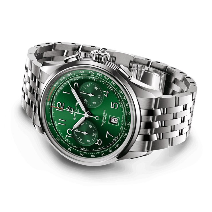 Breitling horloge met een kast in staal, met een wijzerplaat in het groen en een diameter van 42