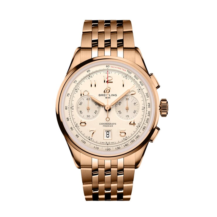 Breitling horloge met een kast in rosé goud, met een wijzerplaat in het beige en een diameter van 42