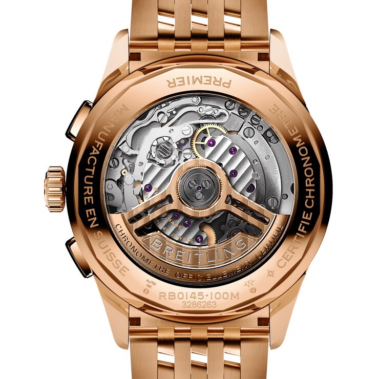 Breitling horloge met een kast in rosé goud, met een wijzerplaat in het beige en een diameter van 42