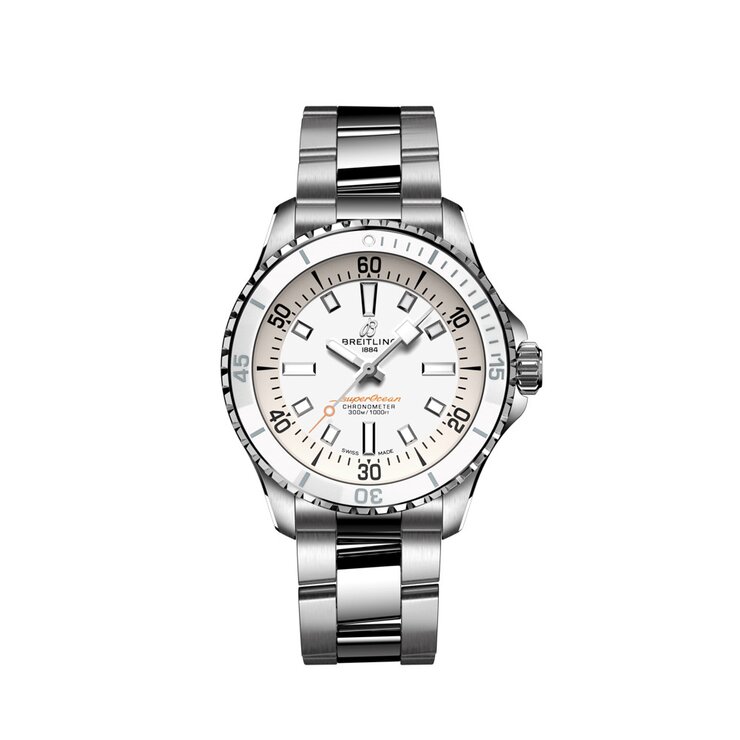 montre Breitling avec un boîtier en acier, un cadran blanc et un diamètre de 36