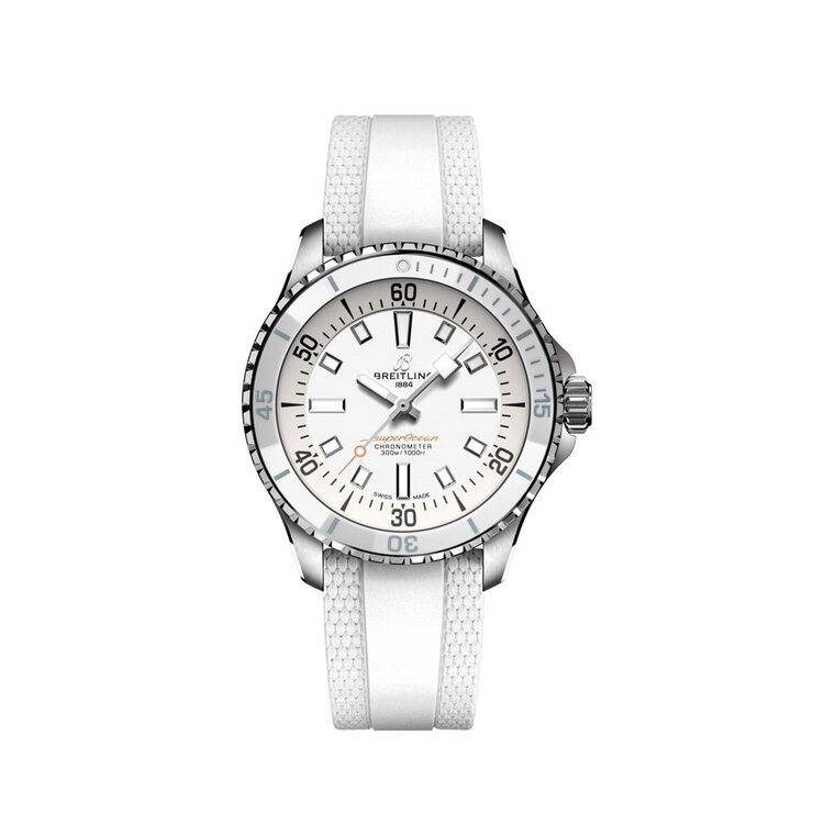 Breitling horloge met een kast in staal, met een wijzerplaat in het wit en een diameter van 36 mm