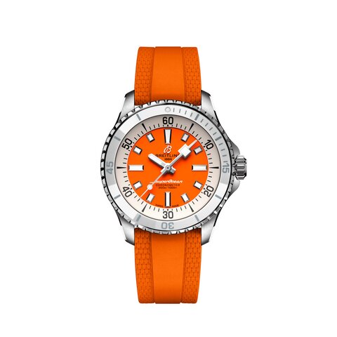 Breitling horloge met een kast in staal, met een wijzerplaat in het oranje en een diameter van 36 mm