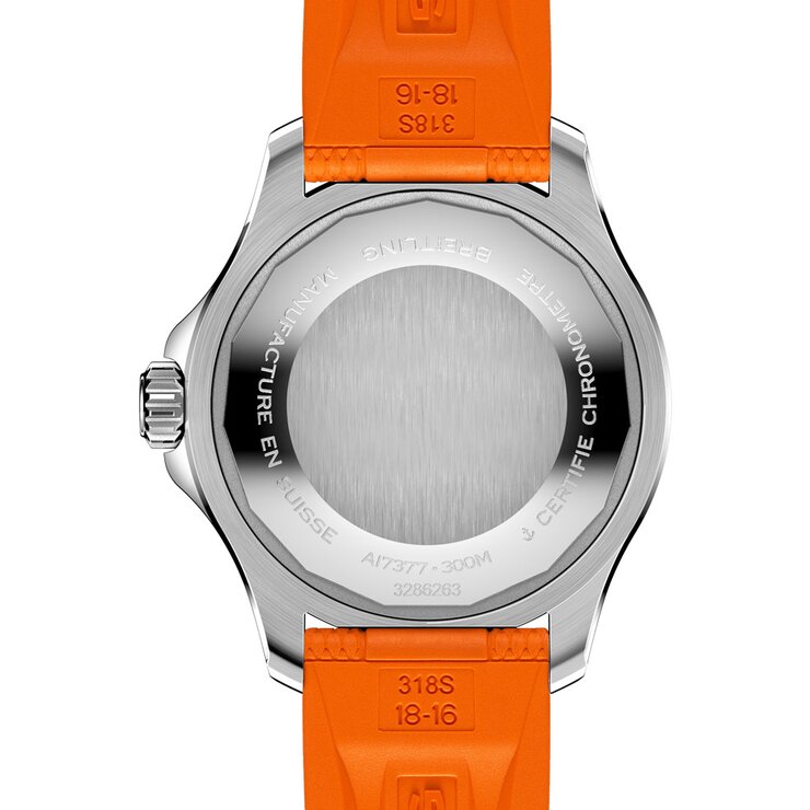 Breitling horloge met een kast in staal, met een wijzerplaat in het oranje en een diameter van 36 mm