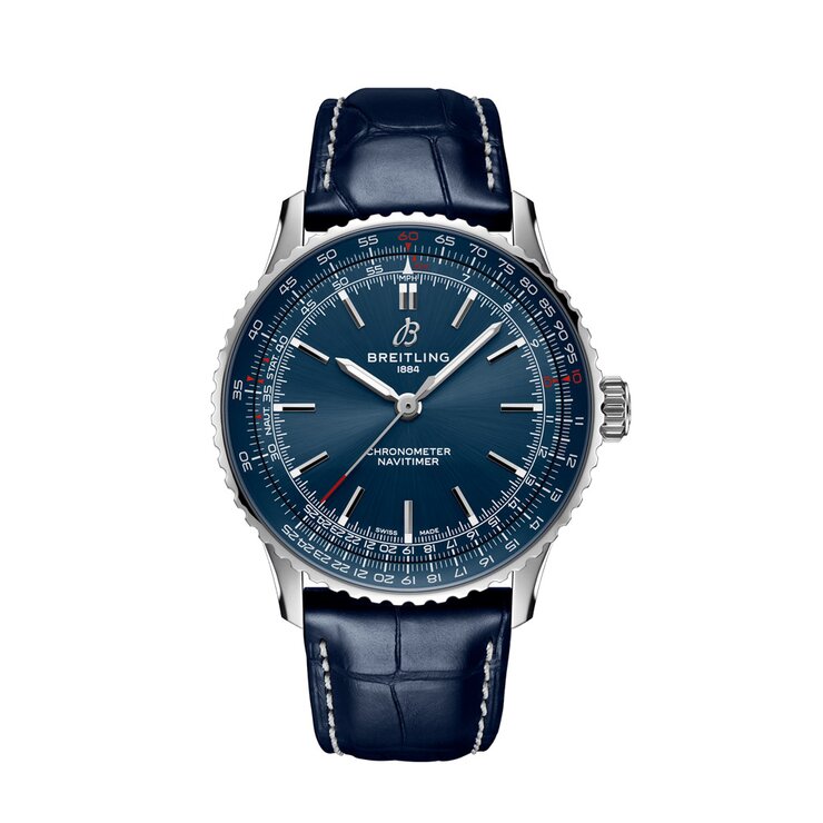 Breitling horloge met een kast in staal, met een wijzerplaat in het blauw en een diameter van 41