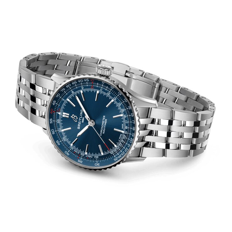 Breitling horloge met een kast in staal, met een wijzerplaat in het blauw en een diameter van 41 mm