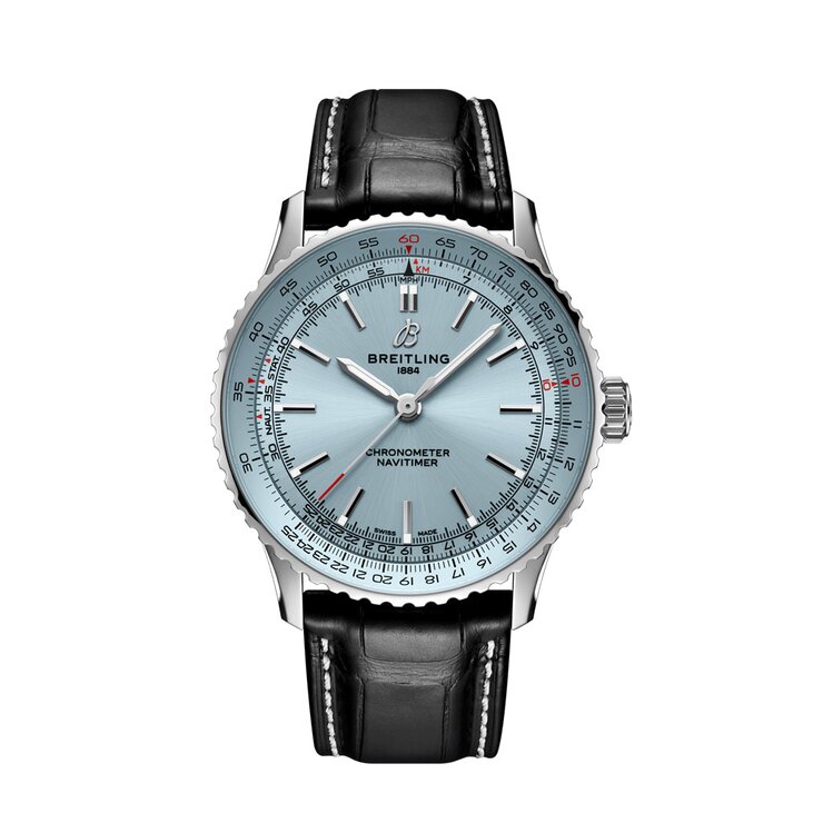 Breitling horloge met een kast in staal, met een wijzerplaat in het blauw en een diameter van 41 mm