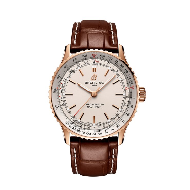 Breitling horloge met een kast in rosé goud, met een wijzerplaat in het beige en een diameter van 41 mm