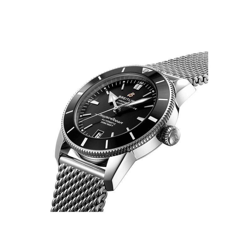 Breitling horloge met een kast in staal, met een wijzerplaat in het zwart en een diameter van 42