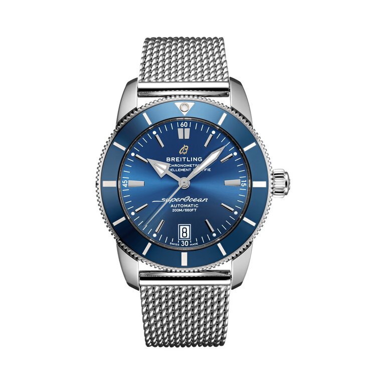 Breitling horloge met een kast in staal, met een wijzerplaat in het blauw en een diameter van 42