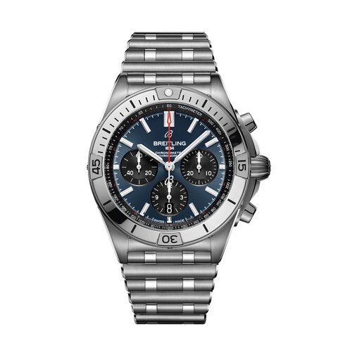 Breitling horloge met een kast in staal, met een wijzerplaat in het blauw en een diameter van 42 mm