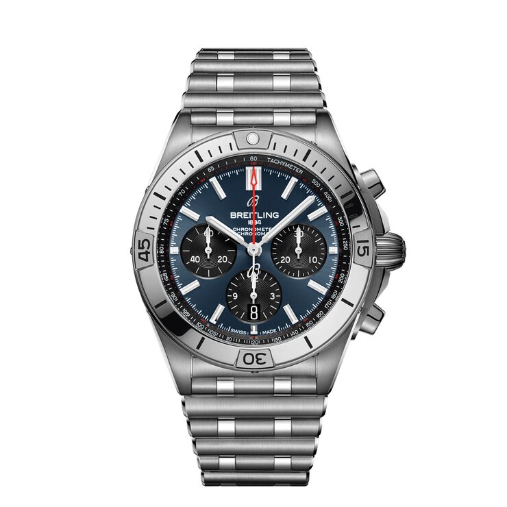 Breitling horloge met een kast in staal, met een wijzerplaat in het blauw en een diameter van 42