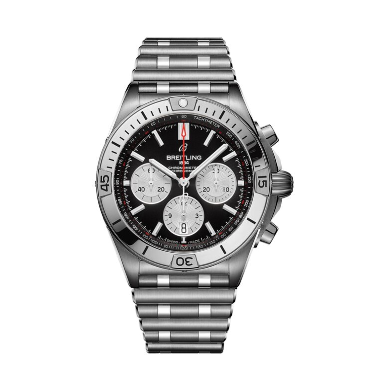 Breitling horloge met een kast in staal, met een wijzerplaat in het zwart en een diameter van 42
