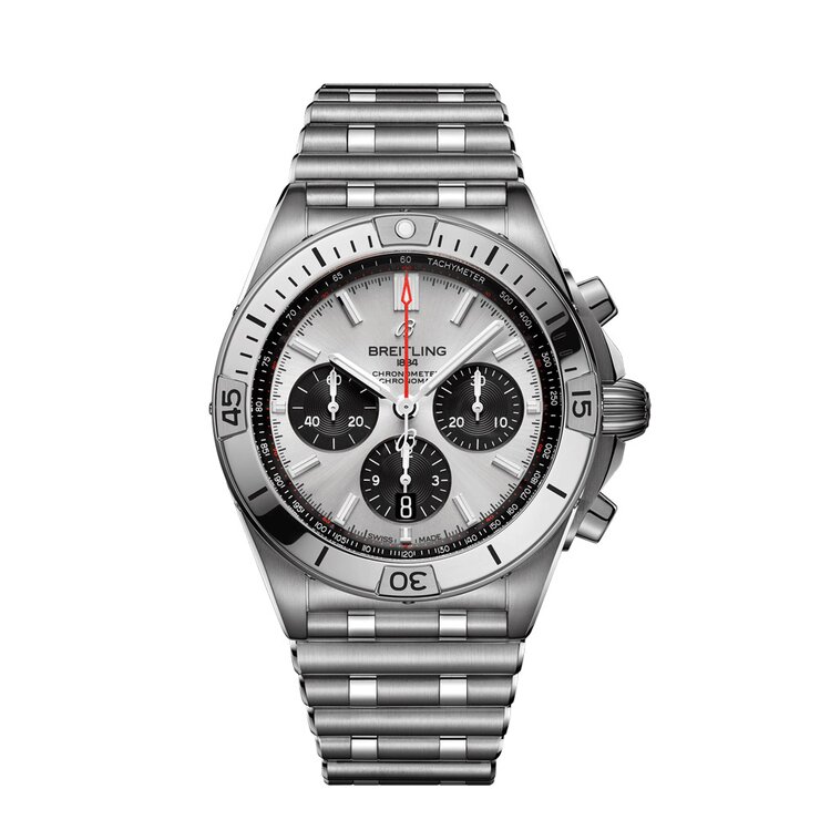 Breitling horloge met een kast in staal, met een wijzerplaat in het zilver en een diameter van 42
