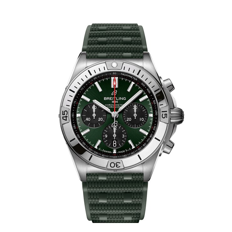 Breitling horloge met een kast in staal, met een wijzerplaat in het groen en een diameter van 42