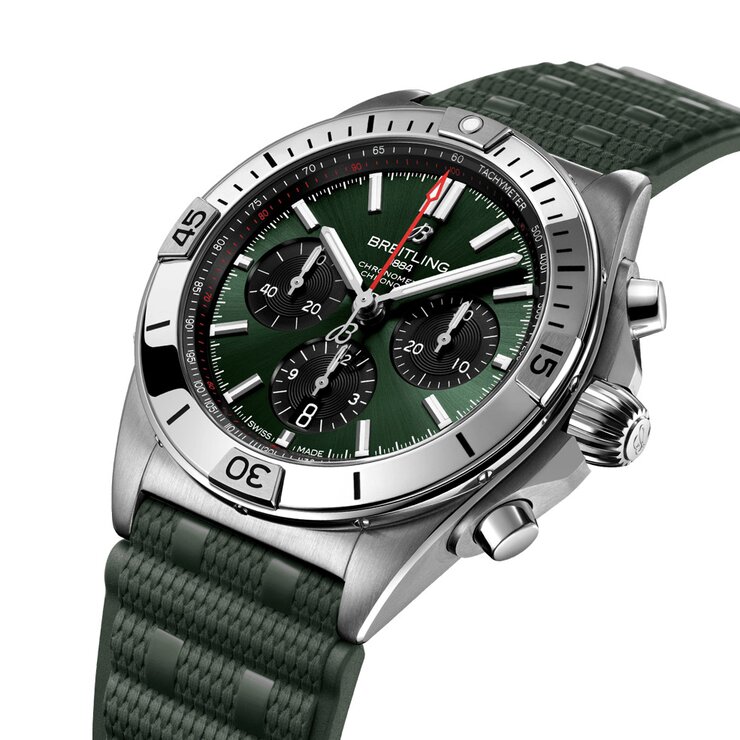 Breitling horloge met een kast in staal, met een wijzerplaat in het groen en een diameter van 42