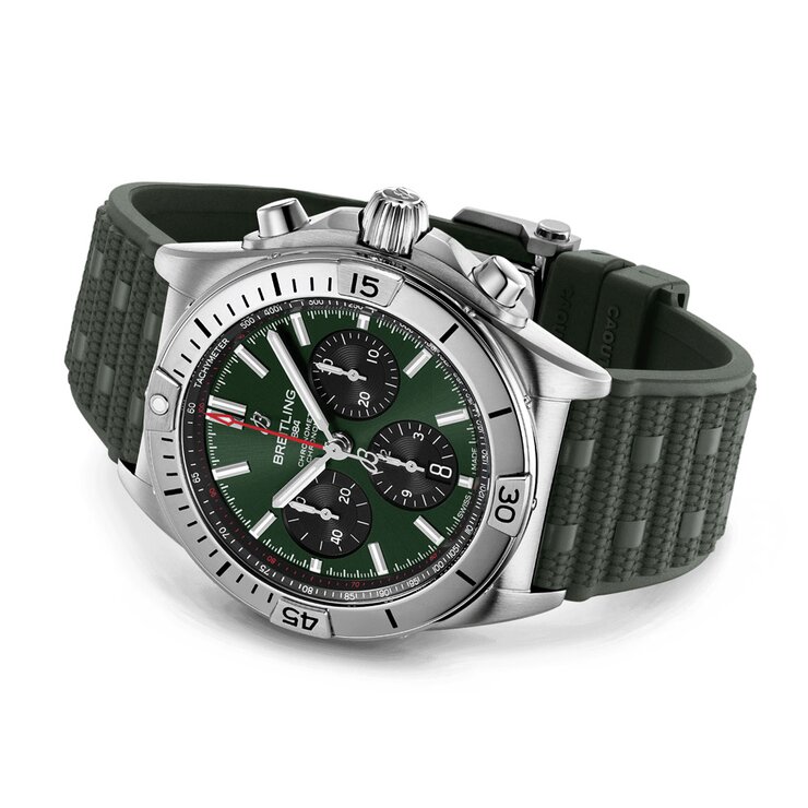 Breitling horloge met een kast in staal, met een wijzerplaat in het groen en een diameter van 42