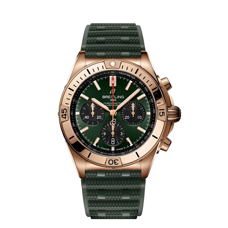 Breitling horloge met een kast in rosé goud, met een wijzerplaat in het groen en een diameter van 42
