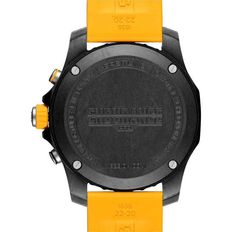 Breitling horloge met een kast in breitlight, met een wijzerplaat in het zwart en een diameter van 44 mm