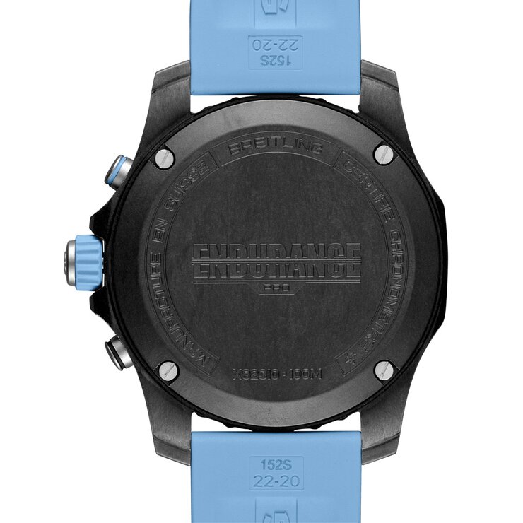 Breitling horloge met een kast in breitlight, met een wijzerplaat in het zwart en een diameter van 44 mm