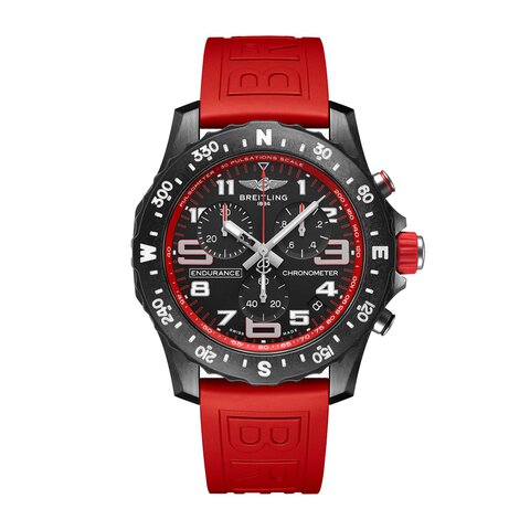 Breitling horloge met een kast in breitlight, met een wijzerplaat in het zwart en een diameter van 44 mm
