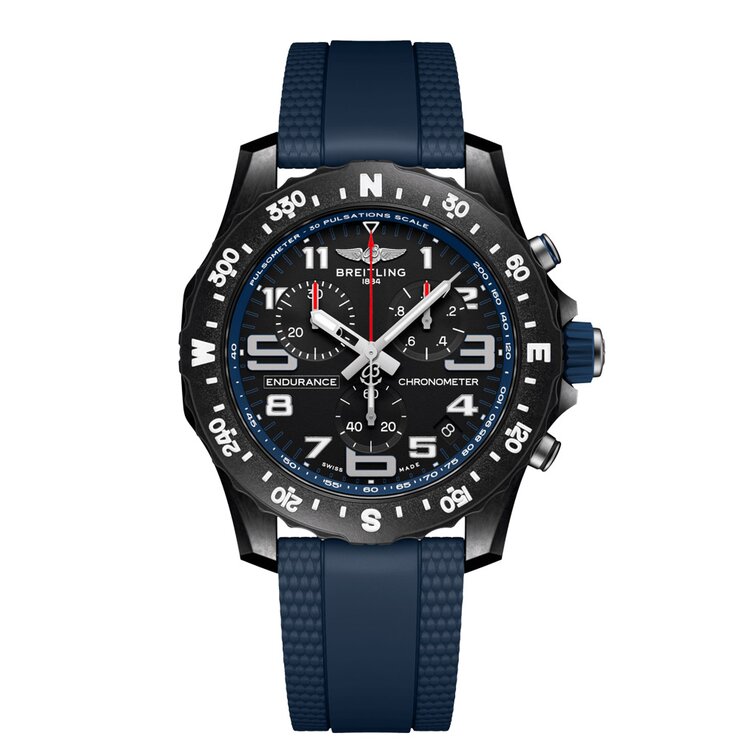 Breitling horloge met een kast in breitlight, met een wijzerplaat in het zwart en een diameter van 44 mm