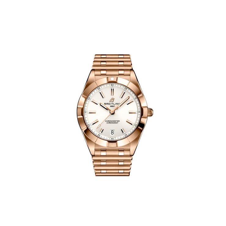 Breitling horloge met een kast in rosé goud, met een wijzerplaat in het zilver en een diameter van 32