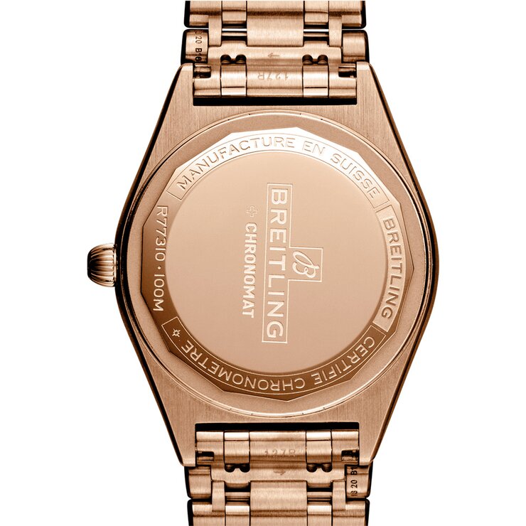 Breitling horloge met een kast in rosé goud, met een wijzerplaat in het zilver en een diameter van 32