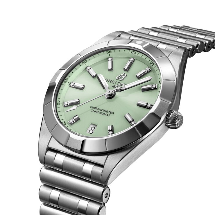 Breitling horloge met een kast in staal, met een wijzerplaat in het groen met briljant en een diameter van 32