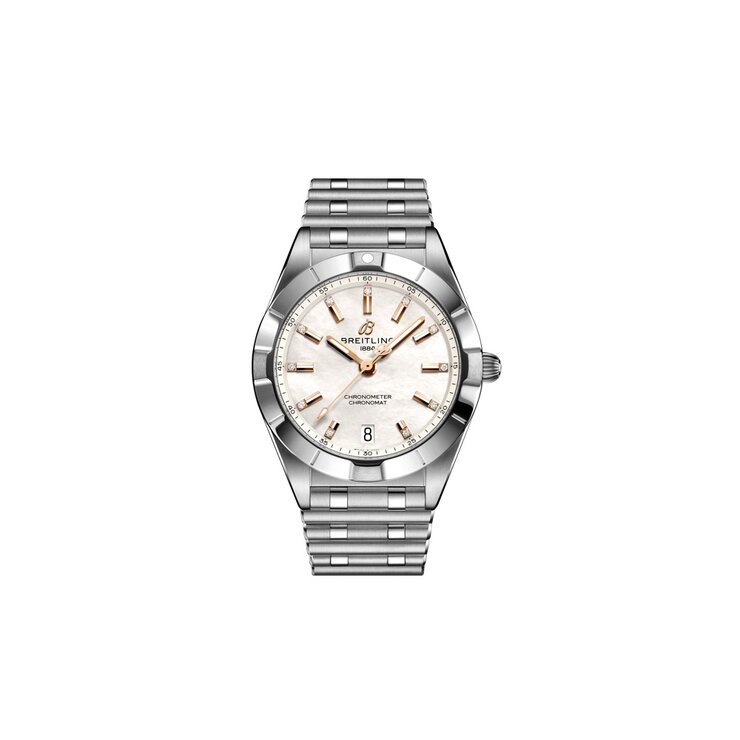 Breitling horloge met een kast in staal, met een wijzerplaat in het parelmoer met  briljant en een diameter van 32
