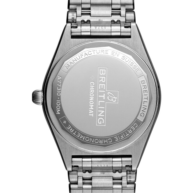 Breitling horloge met een kast in staal, met een wijzerplaat in het parelmoer met  briljant en een diameter van 32
