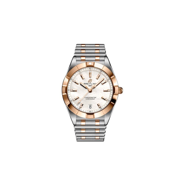 Breitling horloge met een kast in rosé goud op staal, met een wijzerplaat in het parelmoer met briljant en een diameter van 32 mm