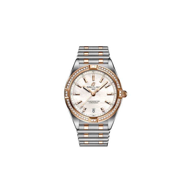 Breitling horloge met een kast in rosé goud op staal, met een wijzerplaat in het parelmoer met  briljant en een diameter van 32