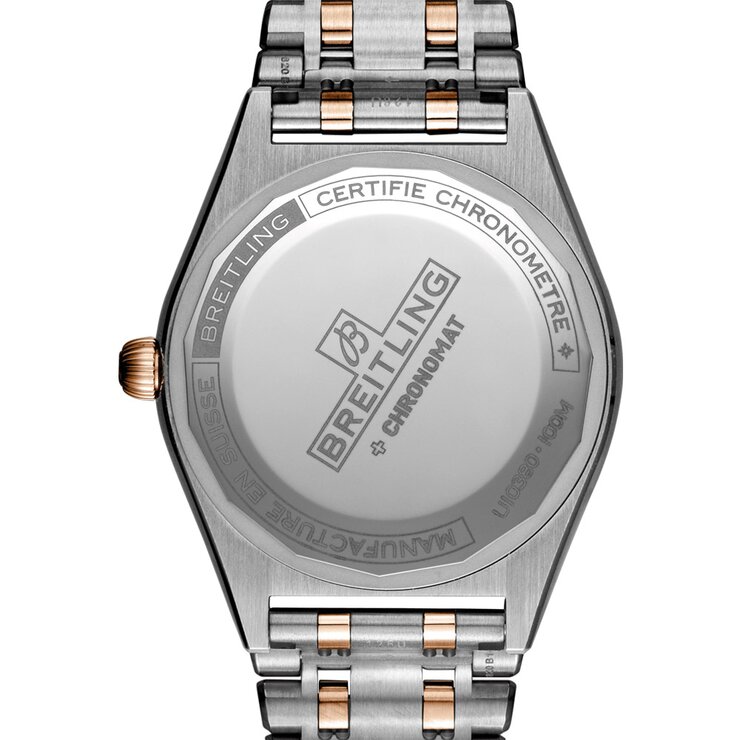 Breitling horloge met een kast in rosé goud op staal, met een wijzerplaat in het zilver met briljant en een diameter van 36 mm