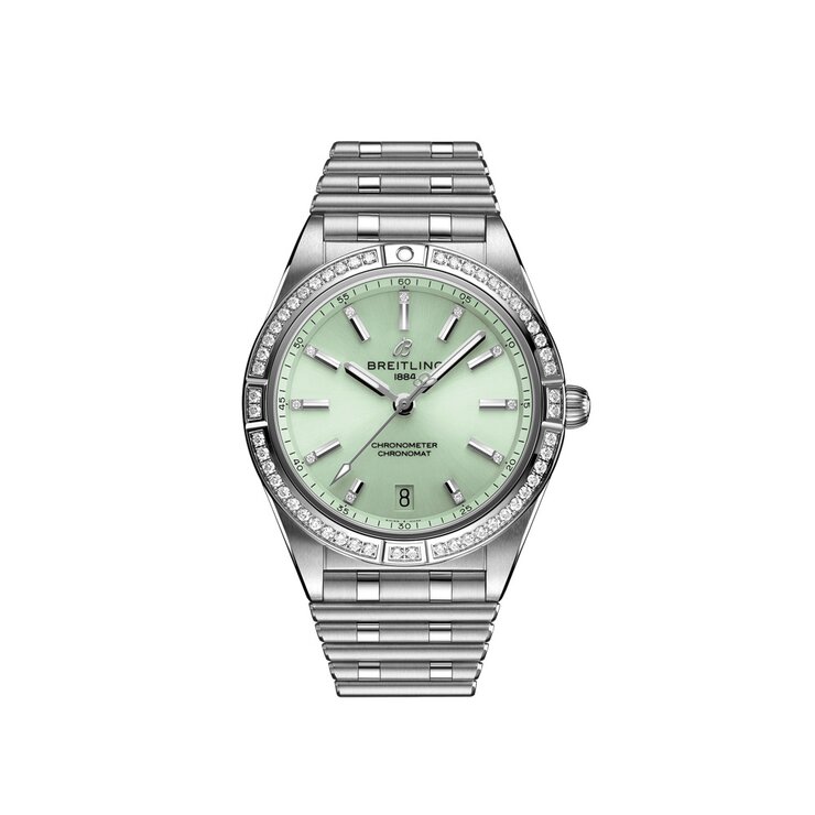 Breitling horloge met een kast in staal, met een wijzerplaat in het groen met briljant en een diameter van 36