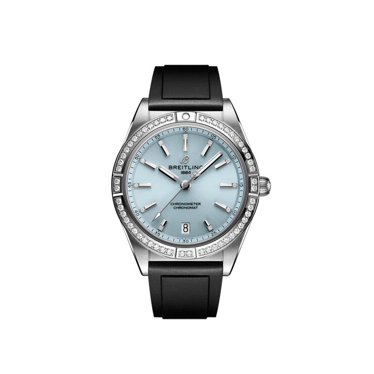 montre Breitling avec un boîtier en acier, un cadran bleu avec diamant et un diamètre de 36 mm