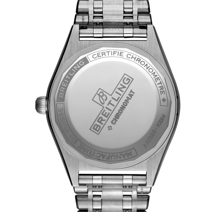 Breitling horloge met een kast in staal, met een wijzerplaat in het groen en een diameter van 36
