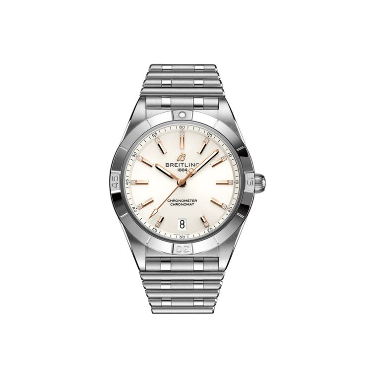 Breitling horloge met een kast in staal, met een wijzerplaat in het zilver met briljant en een diameter van 36