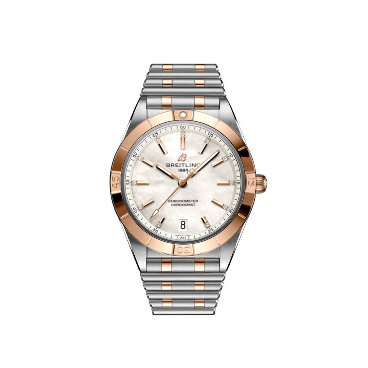 Breitling horloge met een kast in rosé goud op staal, met een wijzerplaat in het parelmoer met  briljant en een diameter van 36 mm