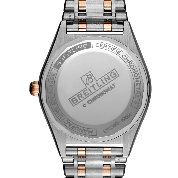 Breitling horloge met een kast in rosé goud op staal, met een wijzerplaat in het parelmoer met  briljant en een diameter van 36 mm