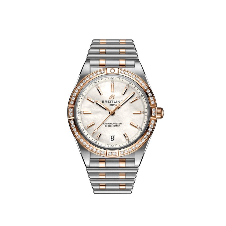 Breitling horloge met een kast in rosé goud op staal, met een wijzerplaat in het parelmoer met briljant en een diameter van 36 mm