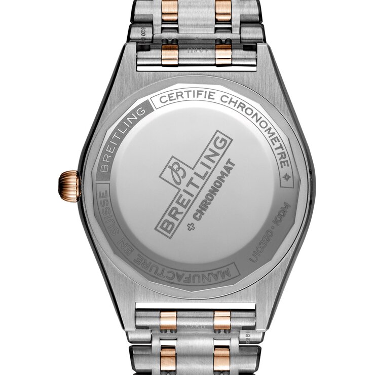 Breitling horloge met een kast in rosé goud op staal, met een wijzerplaat in het parelmoer met  briljant en een diameter van 36 mm