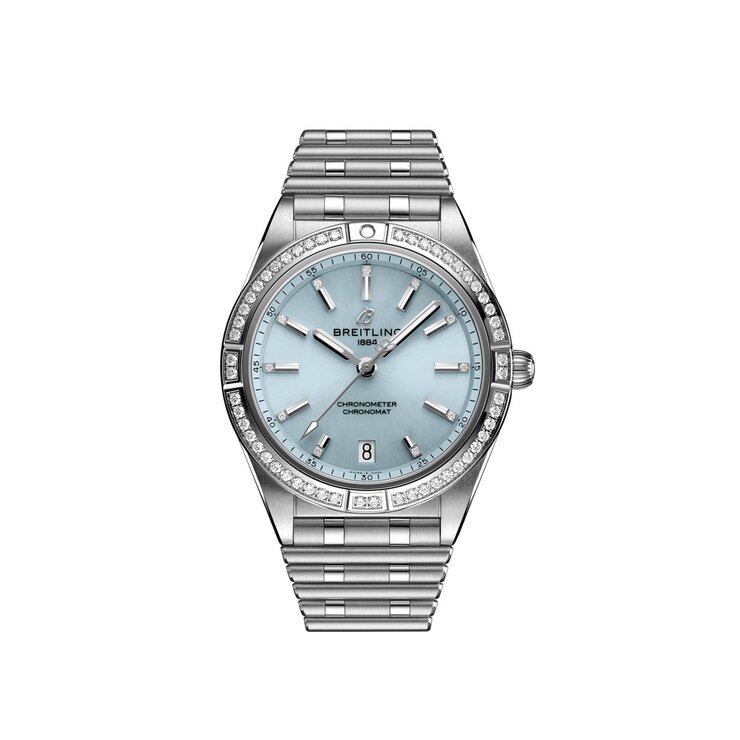 Breitling horloge met een kast in staal, met een wijzerplaat in het blauw met briljant en een diameter van 36