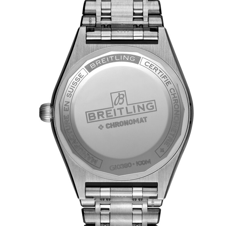 Breitling horloge met een kast in staal, met een wijzerplaat in het blauw met briljant en een diameter van 36