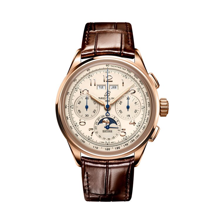Breitling horloge met een kast in rosé goud, met een wijzerplaat in het beige en een diameter van 42