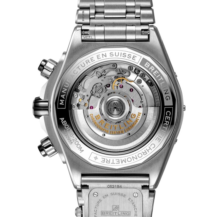 Breitling horloge met een kast in staal, met een wijzerplaat in het zwart en een diameter van 44