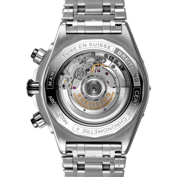 Breitling horloge met een kast in staal, met een wijzerplaat in het zwart en een diameter van 44 mm