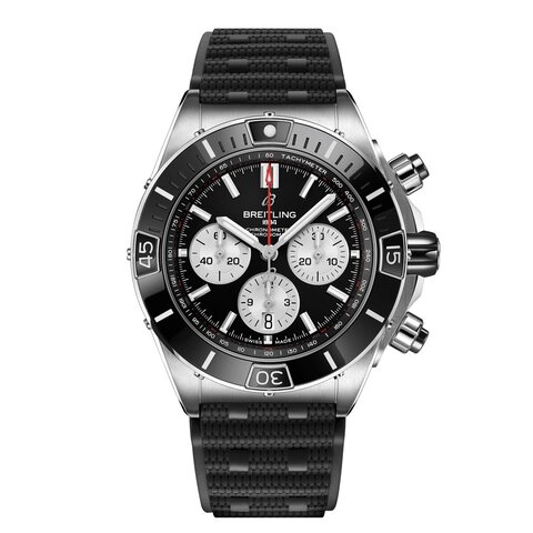 Breitling horloge met een kast in staal, met een wijzerplaat in het zwart en een diameter van 44 mm