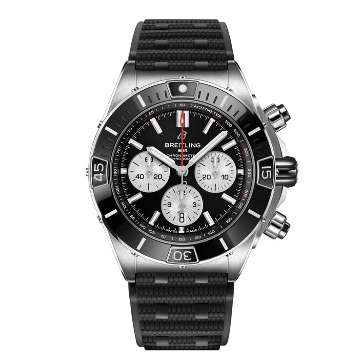 Breitling horloge met een kast in staal, met een wijzerplaat in het zwart en een diameter van 44