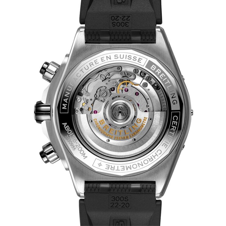 Breitling horloge met een kast in staal, met een wijzerplaat in het zwart en een diameter van 44